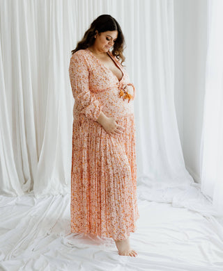 Peach Floral Maternity Dress Hire - Coven & Co Posie Gown, perfect for plus-size ladies, Available in size XL