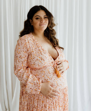 Peach Floral Maternity Dress Hire - Coven & Co Posie Gown - Plus-size maternity dress hire. XL fits AUS 16-18