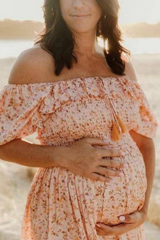 Coven & Co Posie Mini Dress: Cotton Maternity Dress Hire - Short Dress Maternity Dress Hire Australia - Petite Maternity Dress Hire - Off the shoulder petite maternity dress hire - Off the Shoulder Dress for Photoshoot suitable for petite ladies