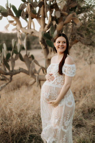 Coven & Co Raven Cold Shoulder Dress: Sheer Maternity Midi Dress for Photoshoot