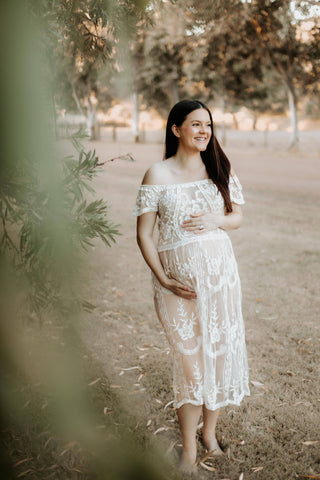 Post-Partum Maternity Dress Hire - Coven & Co Raven Cold Shoulder Dress - Sheer Lace Family Photoshoot Dress
