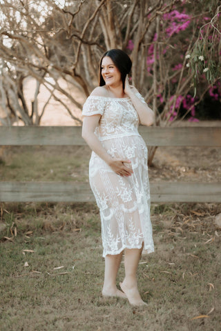 Lace Maternity Dress Hire for Photoshoot - Coven & Co Raven Cold Shoulder Dress - Sheer Lace Family Photoshoot Dress