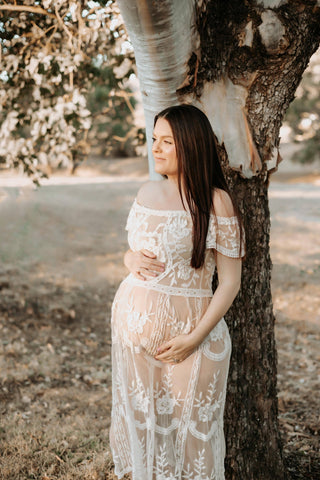 Elegant Off-the-Shoulder Maternity Dress Hire - Coven & Co Raven Cold Shoulder Dress  - Sheer Lace Family Photoshoot Dress
