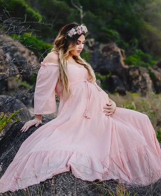 Bump-Friendly Maternity Dress Hire - Coven & Co Starlight Gown - Pink - Star Embroideries