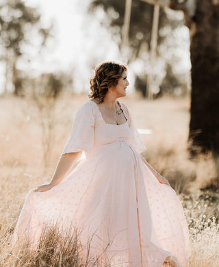Elegant Maternity Dress Hire Australia - Coven & Co Starlight Gown - Pink - Versatile & Chic - Sweetheart Neckline & Long Sleeves - Size S (Aus 6-12)