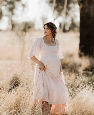 Bump-Friendly and Versatile Maternity Dress Hire - Coven & Co Starlight Gown - Pink - Sweetheart Neckline & Long Sleeves - Size S (Aus 6-12)