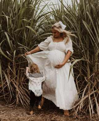 Maternity Dress Hire Australia - Coven & Co Starlight Gown - White - Sweetheart Neckline & Long Sleeves - Voluminous Flowing Skirt - Bump Friendly & Non-Maternity