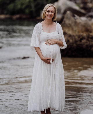 Bump-Friendly Maternity Dress Hire - Coven & Co Starlight Gown - White - Star Embroideries