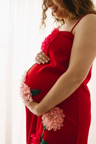 A pregnant lady wearing the Mama Rentals Elliatt Buttercup Embroidered Maxi Dress, holding her baby bump in a studio.