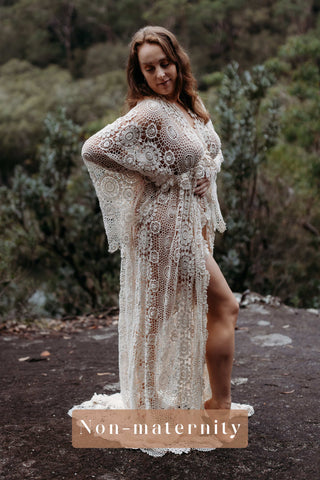 Woman wearing a lace dress in a natural setting with 'Non-maternity' text overlay.
