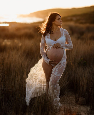 Maternity Dress Hire - Eve Lace Kimono - White - Made of Stretchy Lace with Chiffon Waist Tie