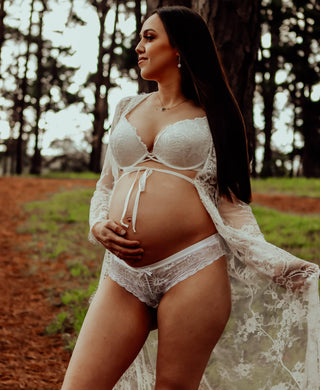 Capture Pregnancy Curves in a Stunning Lace Robe - Eve Lace Kimono - White with Loose Chiffon Tie - Maternity Dress Hire