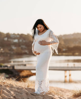 Cream Jersey Slip Included - Maternity Dress Hire - Fillyboo Brooke Crochet Maternity Maxi Dress