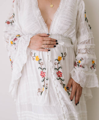Folk-Inspired Embroidered Maternity Dress Hire for Photoshoots and Baby Shower - Fillyboo Charm Your Way Embroidered Maxi Dress - White