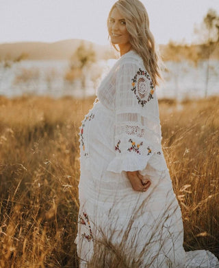 Folk-Inspired Embroidered Maternity Dress Hire - Fillyboo Charm Your Way Embroidered Maxi Dress - White