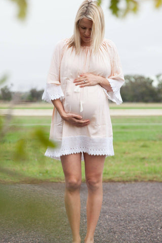 Fillyboo Dream Catcher Maternity Dress: Boho Maternity Dress Hire - Blush Maternity Dress Hire - Off the Shoulder Maternity Dress Hire - Maternity Kaftan Australia - Peach Baby Shower Dress Hire Australia