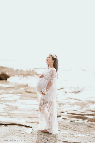 Lace Maternity Dress Hire - Fleur ivory lace maxi, Perfect for Photoshoots and Baby Showers