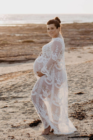 Maternity Dress Hire - Fleur Ivory Lace Maxi, Romantic and Feminine, Crochet Floral Embroidery