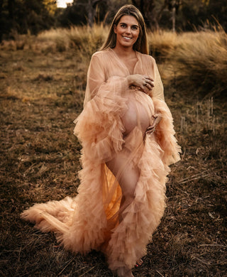 Gigi Tulle Robe - Beige - Maternity Photoshoot Robe - Warm Champagne Color for Photoshoots Maternity Dress Hire