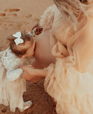 Rent Gigi Tulle Robe - Beige - Maternity Photoshoot Robe - Dramatic Organza Ruffles - Maternity Dress Hire