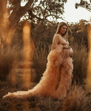 Capture stunning photos with this romantic maternity dress hire - Gigi Tulle Robe - Beige - Maternity Photoshoot Robe                                                                                                                                                                           
