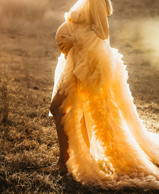 Maternity Dress Hire for Photoshoot- Gigi Tulle Robe - Beige - Maternity Photoshoot Robe with Long Train