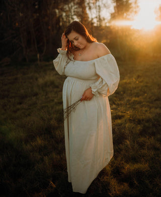 Maternity Dress Hire - Girl And The Sun Paros - Oatmeal - Puff Sleeves - Elastic Shirring - Breastfeeding Friendly