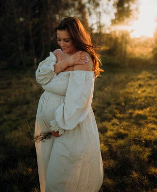 Maternity Dress Hire - Girl And The Sun Paros - Oatmeal - Puff Sleeves - Elastic Shirring - Bump Friendly