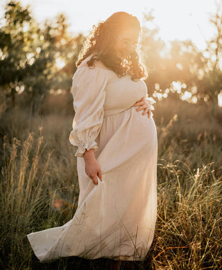 Oatmeal Maternity Dress Hire - Romantic Vintage Inspired - Bump Friendly - 30% Linen 70% Cotton