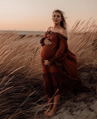 Maternity Dress Hire - Hazel & Folk Emmaline Maxi Gown - Cinnamon - Vintage Inspired - Ruffle Tiered Skirt - Billow Sleeves - Elastic Cuffs