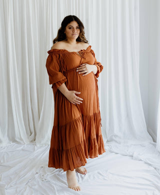 Maternity Dress Hire with Billow Sleeves and Elastic Neckline - Hazel & Folk Emmaline Maxi Gown - Cinnamon