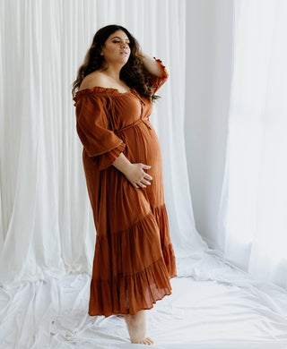 Hazel & Folk Emmaline Maxi Gown - Cinnamon - Vintage Style - Off the Shoulder Maternity Dress Hire