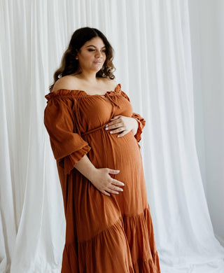 Rent Hazel & Folk Emmaline Maxi Gown - Cinnamon - Maternity Dress Hire made  from 100% Cotton