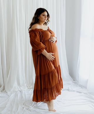 Plus Size Friendly Maternity Dress Hire - Hazel & Folk Emmaline Maxi Gown - Cinnamon