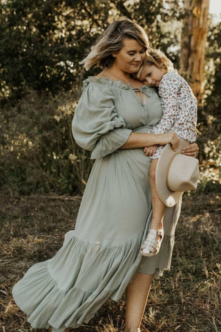 Capture stunning photos with this romantic maternity dress hire - Hazel & Folk Emmaline Maxi Gown - Sage