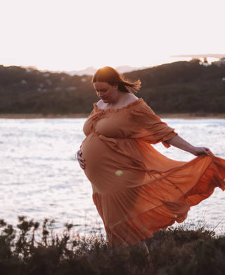 Plus Size Friendly Maternity Dress Hire - Hazel & Folk Emmaline Maxi Gown - Toasted Peach
