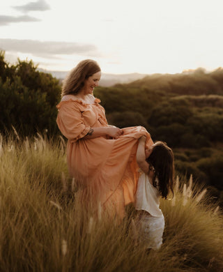 Capture stunning photos with this romantic maternity dress hire - Hazel & Folk Emmaline Maxi Gown - Toasted Peach
