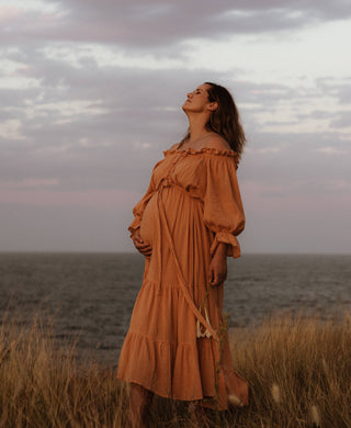 Maternity Dress Hire - Hazel & Folk Emmaline Maxi Gown - Toasted Peach - Capture stunning photos - Hire now for maternity and beyond!
