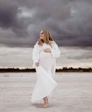 Vintage Inspired Maternity Dress Hire - Hazel & Folk Emmaline Maxi Gown - White