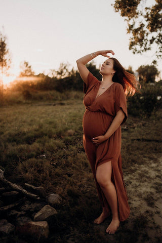 Hazel & Folk Melody Maxi - Cinnamon: Earthy Tone Maternity Dress Hire - Baby Shower Dress Hire Australia - Gender Neutral Baby Shower Dress Australia