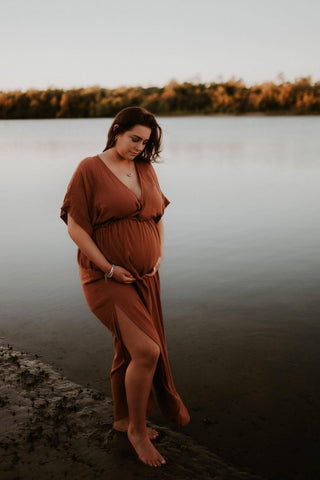 Hazel & Folk Melody Maxi - Cinnamon: Maternity Dress Hire with Side Splits