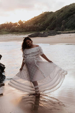 Maternity and Beyond Dress Hire Australia - Jaase Georgie Lace Maxi Dress - White Lace Maternity Dress Hire for Photoshoots, Baby Showers and Special Events