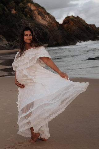 Natural White Maternity Dress Hire - Jaase Georgie Lace Maxi Dress
