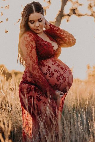 Lace Maternity Dress with Long Sleeves - Katherine Sheer Lace Maxi Dress - Burgundy - Burgundy-Coloured Lace Maternity Dress Hire Australia