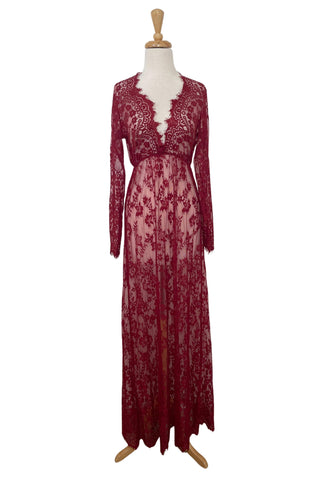 Burgundy Lace Patterns Maternity Gown - Katherine Sheer Lace Maxi Dress - Burgundy