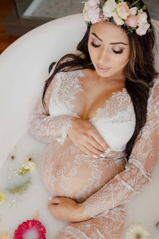 Milk Bath Maternity Photoshoot Dress - Katherine Sheer Lace Maxi Dress - White