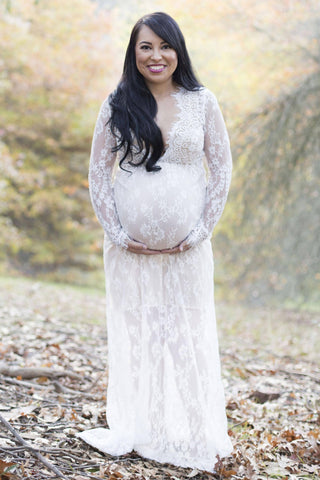 Elegant Lace Maternity Gown - Katherine Sheer Lace Maxi Dress - White