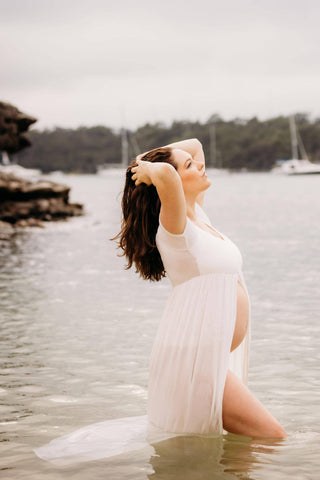 Ivory Maternity Photoshoot Gown Australia - Kiara Split Front Maternity Maxi Dress - Ivory - Maternity Dress Hire Austrlia