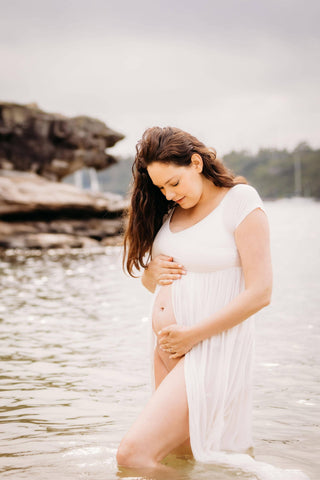 Show off Your Baby Bump Maternity Photoshoot Gown Australia - Kiara Split Front Maternity Maxi Dress - Ivory - Maternity Dress Hire Austrlia