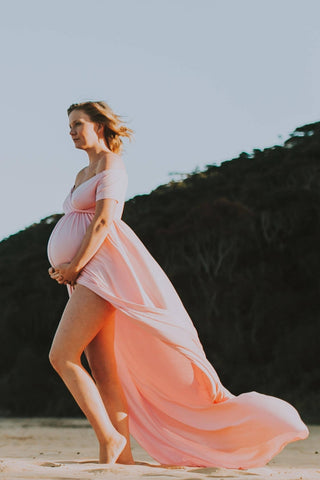Kiara Split Front Maternity Maxi Dress - Pink - Off the shoulder Maternity Dress Hire Australia - Size L Maternity Dress Hire 
